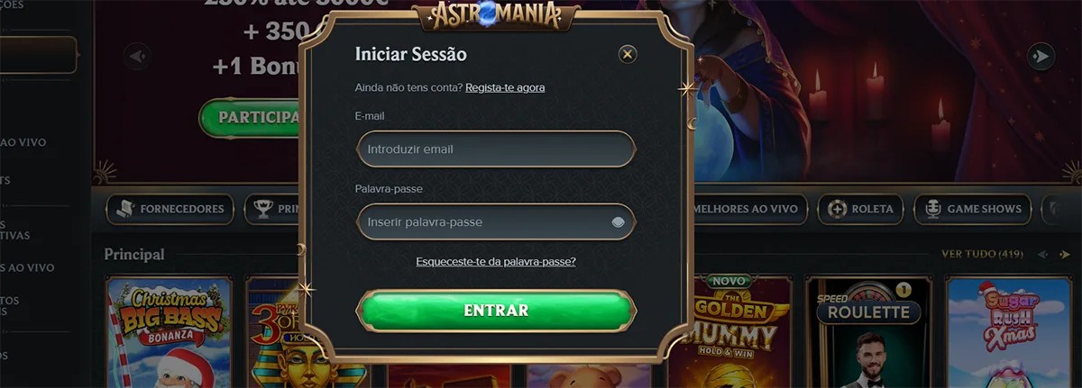 Portuguese-language casino login popup with email and password fields, a green “Entrar” (Log In) button, and a password recovery link, displayed over a dark casino lobby with slot game categories and promotional banners.